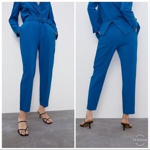 ZARA Blue High Waist Belted Trousers